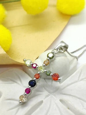 collana con ciondolo argento 925 rodiato croce con zirconi multicolor - Immagine 1 di 4