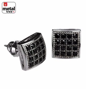Men's Fashion Iced Square Dome Block Black Plated Screw Back Earrings 956 Bk - Picture 1 of 3