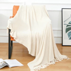 Fabric Throw Blanket Solid Color Blanket Chenier Knitted Blanket Fringed Blanket - Picture 1 of 22