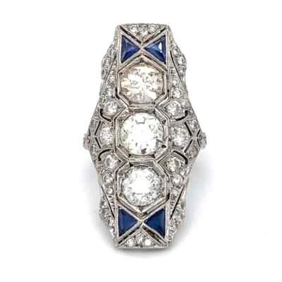 1920s Style Old European Cut Simulated Sapphires & Sapphire 935 Silver Ring - Image 1 of 4