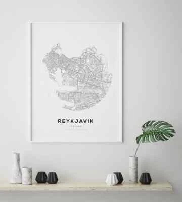 Impresión de mapa de Reikiavik, Reikiavik Islandia, cartel artístico con impresión de mapa elige tu tamaño. Foto 1 de 3