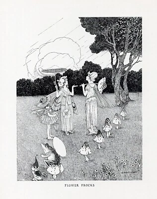 1925 Ida Rentoul Outhwaite Fairy Print "Flower Frocks" Mushrooms Toad Book Plate - image 1 of 3