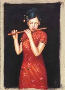 Li Guijun Chinese Woman Playing the Flute Oil Painting - Picture 1 of 4
