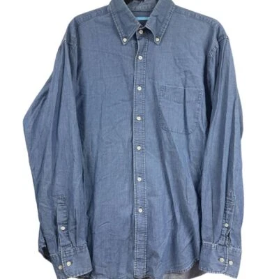 J. McLaughlin Geo-Dots Cotton Button Down Denim Blue Casual Dress Shirt (L) - Image 1 of 4