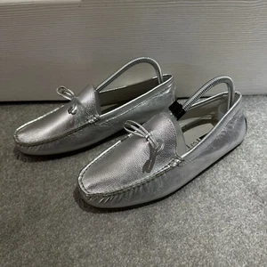 BNWOT M&S Metallic Silver Leather Slip On Size 5.5 Wide Fit Loafers Bow Detail - Picture 1 of 7