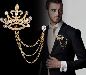 Mens Royal Crown Shirt Wedding Suit Accessory Collar Clip Chain Brooch Lapel Pin