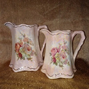 Pair PINK ROSES LUSTRE PORCELAIN PITCHER VASES, HAND-CRAFTED & SIGNED "MAR MAE" - Picture 1 of 10