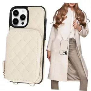 Crossbody Wallet Case for iPhone 13 Pro Max, RFID Blocking PU Leather Beige - Picture 1 of 8