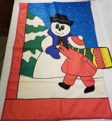 NEW Embroidered Snowman & Boy Yard Flag 28 x 40 Large Garden House Christmas - Image 1 of 4