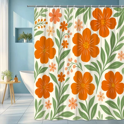 Cortina de ducha floral naranja brillante con hojas verdes Foto 1 de 4