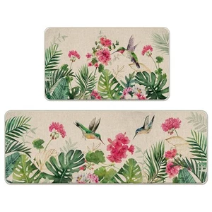 Spring Summer Geranium Flower Kitchen Rugs Set of 2 Hummingbird Red Floral - Picture 1 of 8