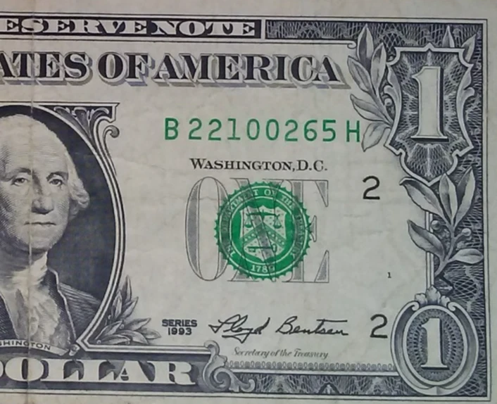 **WEB PRESS NOTE** ((EXPERIMENTAL)) $1 1993 Plate #1/8 Federal Reserve Note - Image 1 of 3