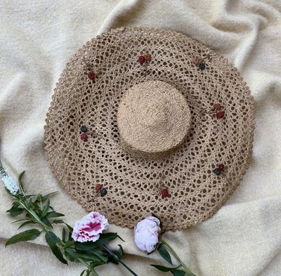Vintage 1960s 1970s Boho Straw Sun Hat with Floral Details – Edwardian Style! - Image 1 of 4