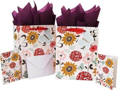Pacote com 2 sacolas de presente médias de 10,6 pol. conjunto com cartão e papel tissue (flores a - Imagem 1 de 4