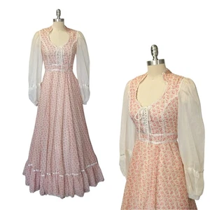 Gunne Sax Floral Corset Dress Size 9 Pink White Calico Prairie 70s Vintage Maxi - Picture 1 of 13