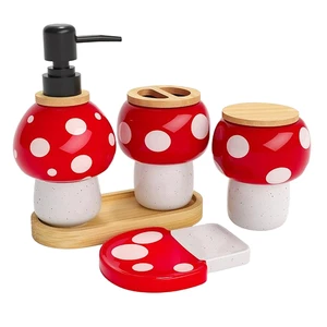 Mushroom Bathroom Accessory Set Toothbrush Holder Whimsical Red Fairy Toadstool - Picture 1 of 6