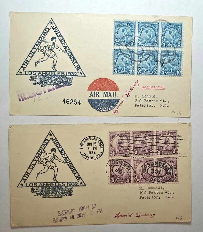 LOT 2 1932 LA Olympics Stoutzenberg Cachet FDC Blocks 6 #718+719 Reg+Spec Del - Image 1 of 2