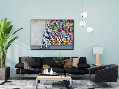 Detrás de la cortina, Banksy, 100% pintado a mano, pintura original, arte graffiti Foto 1 de 3