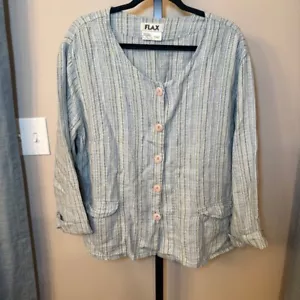 FLAX Linen Button Down Shirt Jacket Coat Size 1G 1X Blue Stripe Lagenlook - Picture 1 of 8