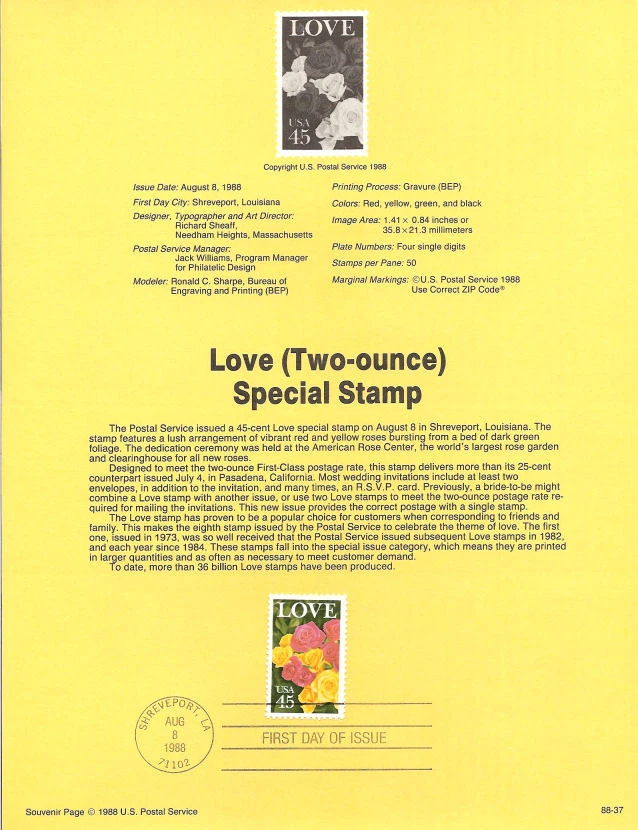 #8837 45c Love w/Rose Stamp #2379 USPS Souvenir Page - Image 1 of 1