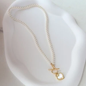 6MM White South Sea Shell Pearl 14K gold Plated Heart Pendant Necklace 18" A02 - Imagen 1 de 2