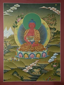 Hand Painted Amitabha Buddha Tibetan Buddhist Thangka Scroll Painting from Nepal - Picture 1 of 11