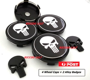 60mm Punisher wheel caps x 4 + 2 Alloy Badges 56mm hole gloss black new - Picture 1 of 9