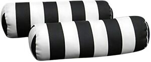 Set of 2 Outdoor Decorative Neckroll Bolster Pillows, Black and White Stripe