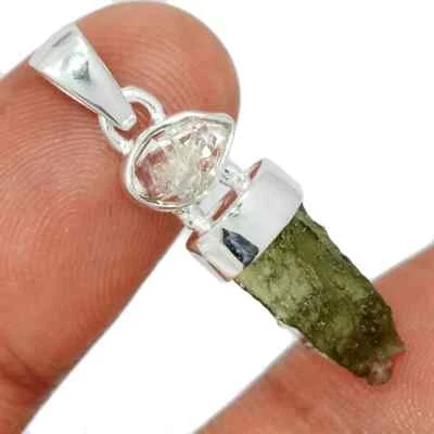 Pingente de moldavita natural, pingente de diamante Herkimer, prata esterlina maciça 925 - Imagem 1 de 4