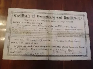 1894 Anthracite Coal Miner Competency Qualification Certificate Exeter PA - Picture 1 of 7
