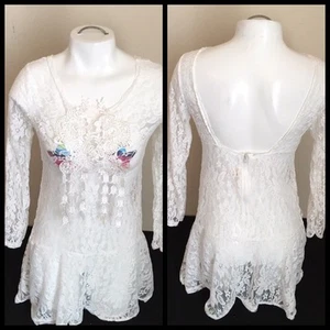 Sexy transparentes Langarm-Top bestickt Spitze Reißverschluss Dekolleté Blumen ENDVERKAUF - Bild 1 von 5