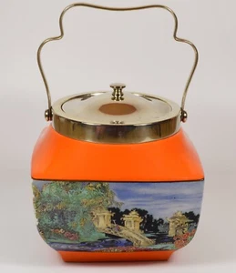 Beautiful Art Deco Orange Biscuit Barrel ~ Coloured Willow Pattern Design - Picture 1 of 6
