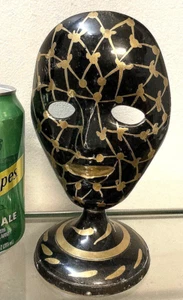 VTG RARE UNUSUAL BRASS SCULPTURE of a MASK on PEDESTAL - BLACK ENAMEL DESIGN 7" - Picture 1 of 5