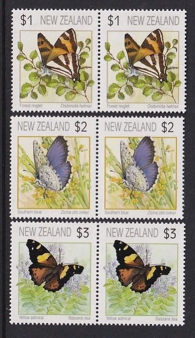 NEW ZEALAND....  1991 Butterflies $1, $2, $3  set in pairs  muh - Image 1 of 1
