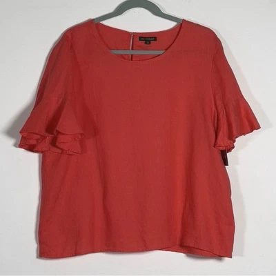 For Cynthia 100% Linen Top Womens Sz L Red Flutter Short Sleeves — 第 1/4 张图片