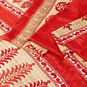 Sanskriti Vintage Bastelbedarf Deko rot Blumen Blockprint 5+Yd Sari Moos Krepp - Bild 1 von 12