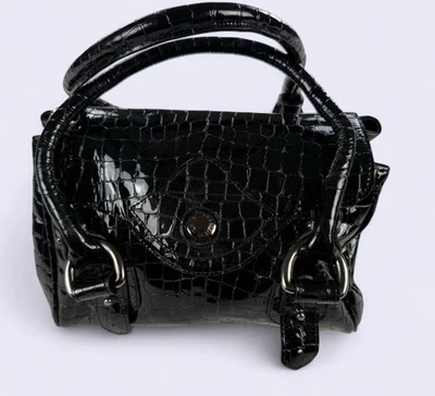 STUART WEITZMAN 90s Croc Embossed Black Handbag Leather Dome Top Double Handles - Image 1 of 4