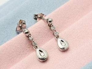 Exquisite 14K Karat Solid White Gold Drop Dangle Diamond Teardrop Stud Earrings - Picture 1 of 12