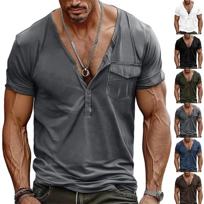 Men's Henry Shirt Short-sleeved T-shirt Men's V-neck Breathable Loose Trendy Ret - Image 1 of 4