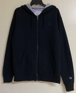 Men's Hooded Sweat Jacket Champion Size M Full Zip 2 Pocket Black Hoodie - Picture 1 of 20