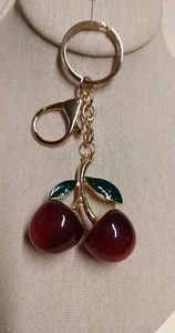 Cherry Red Keychain Bag Charm Resin & Gold Tone🍒 Glitter Green Leaves Nwot - Picture 1 of 8