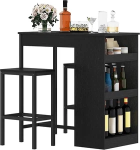 Black Bar Table Set with 2 Stools Industrial Wood Top Storage Shelves Furniture - Picture 1 of 11