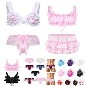 Men's Sissy Crossdressing Lingerie Male Crossdress Bra Top /Panties Nightwear - Picture 1 of 175