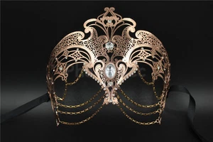 Womens Egyptian Chain Venetian Phantom Laser Cut Filigree Metal Masquerade Mask - Picture 1 of 10