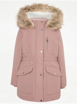 EX-STORE GEORGE GIRLS PINK WATERPROOF FLEECE LINED FAUX TRIM PARKA COAT RRP £24