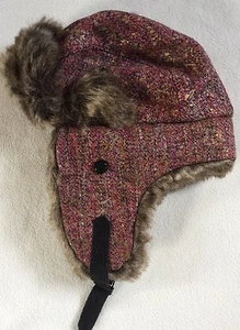 New Mudd Brown & Pink Tweed Trapper Hat Faux Fur Trim sz OS - Picture 1 of 7