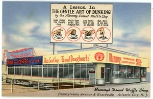 Linen Postcard ~ Atlantic City NJ, Mammy's Donut Waffle Shop, "Art of Dunking" - Picture 1 of 2