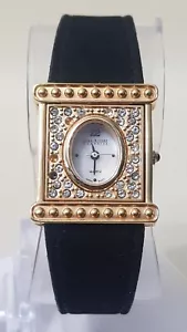 Vintage Joan Rivers Jeweled Watch Black Leather Band...NEW BATTERY - Picture 1 of 9
