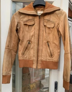 Bershka Vintage Damas Marrón Motociclista Chaqueta de Cuero de Oveja Real S 26MEX C34”L24” EN MUY BUENA CONDICIÓN - Imagen 1 de 11