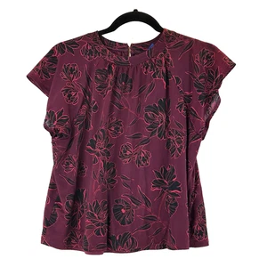 Apt 9 Top Women Small Red Black Floral Print Inset Flutter Sleeve Pullover Lined - Picture 1 of 10